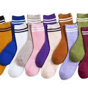 A collection of six pairs of school socks in assorted colors, including red, blue, green, yellow, purple, and orange.